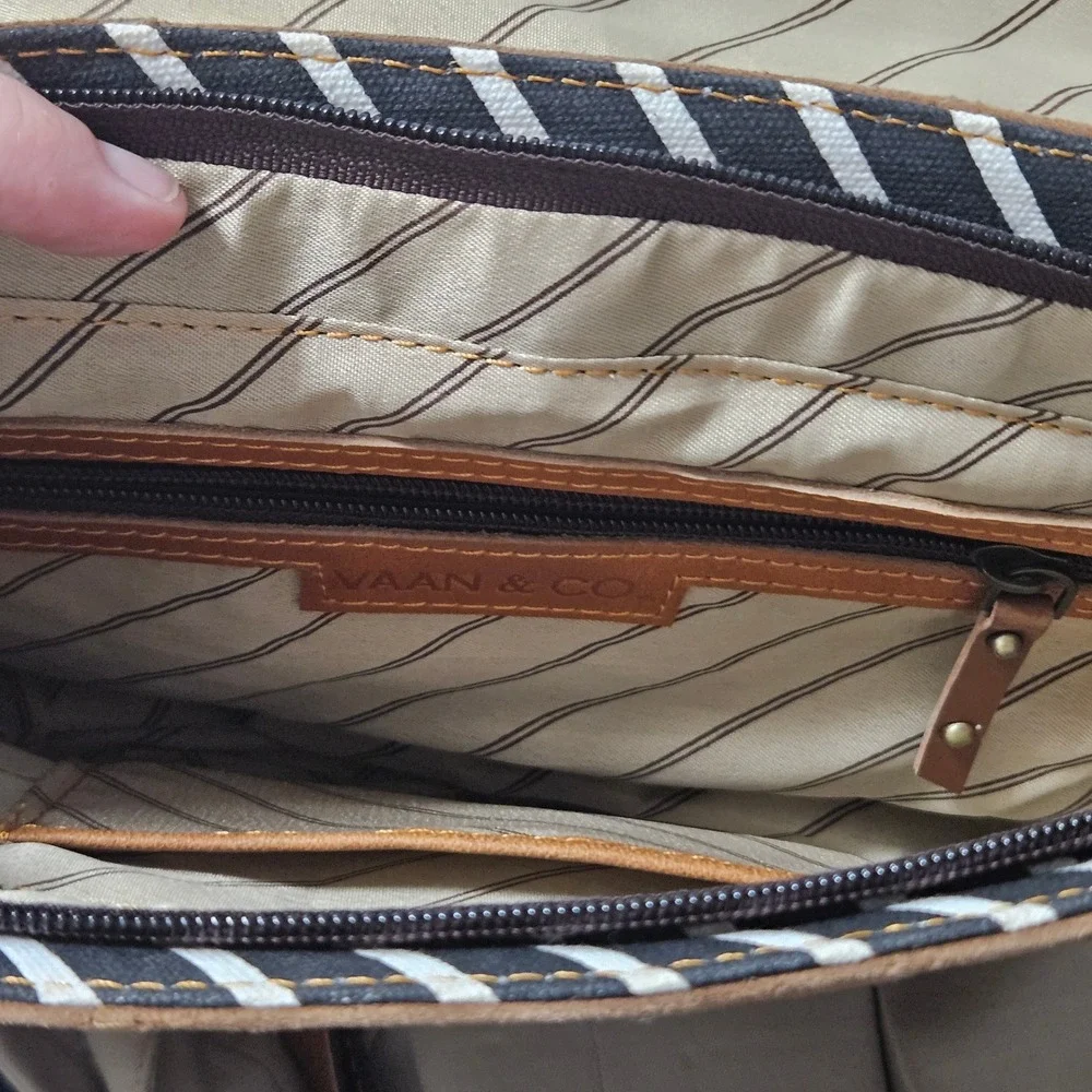 Vaan & Co Suede Leather Crossbody Bag Brown Patchwork Striped Flap‎ Adjustable